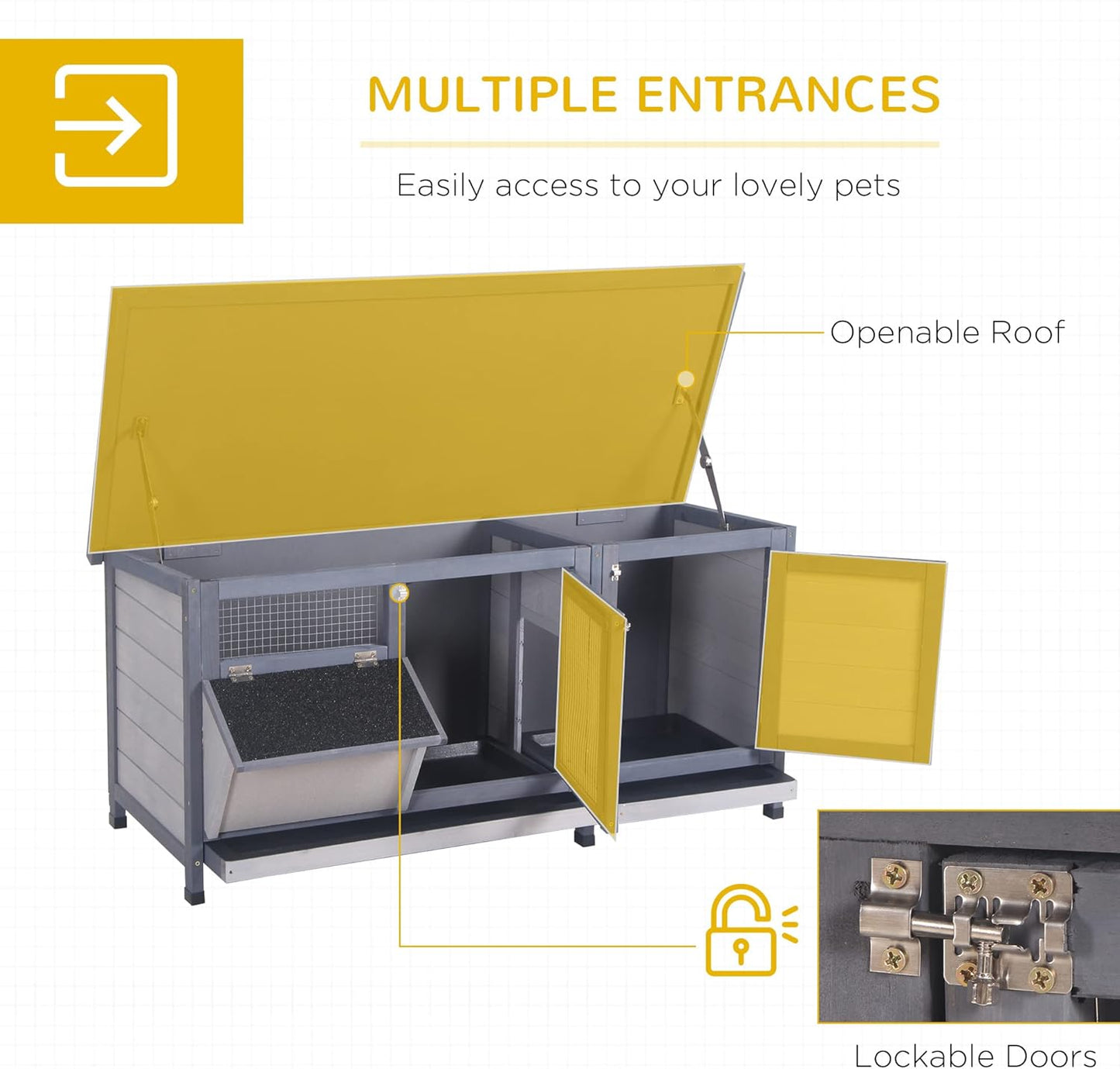 PawHut Wooden Rabbit Hutch Bunny Hutch Cage Guinea Pig with Waterproof Roof, No Leak Tray and Feeding Trough, Indoor/Outdoor, Gray