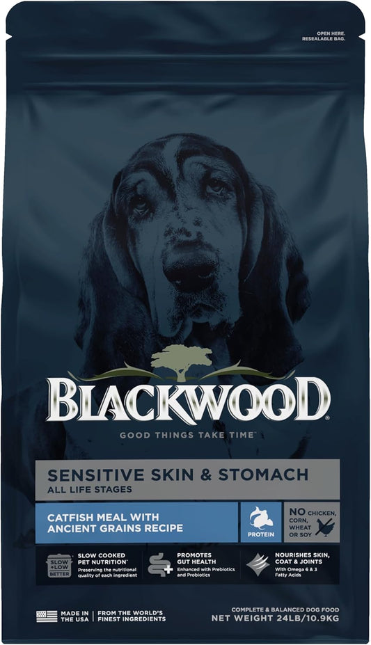 Blackwood Sensitive Skin & Stomach Dry Dog Food, Catfish Meal & Brown Rice with Ancient Grains, 24 Pound Bag with Prebiotics & Probiotics to Promote Gut Health