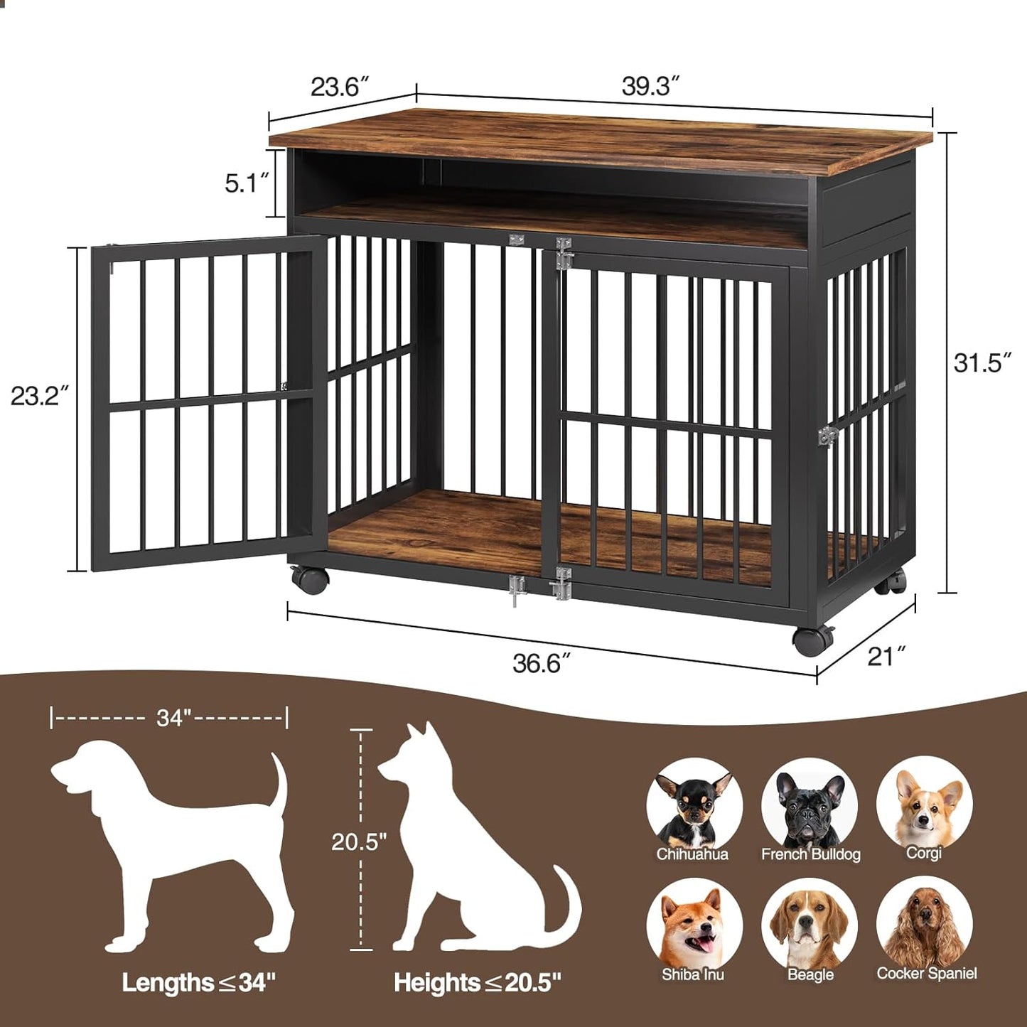 39.4" Dog Crate Furniture for Medium and Large Breed, Dog Kennel Furniture with Storage Shelf & Lockable Wheels, Heavy Duty Wooden End Side Table Pet Cage Indoor, Chew-Resistant, Brown