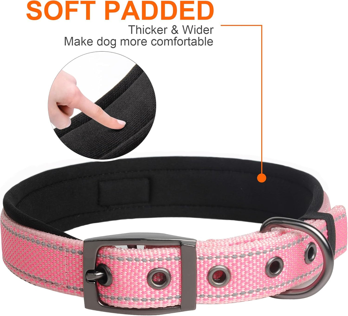 Fida Heavy Duty Dog Collar, Ultra Comfortable Soft Neoprene Padded, Adjustable Reflective Nylon Pet Collar with Durable Metal Belt Buckle for Large Breeds (L, Pink)