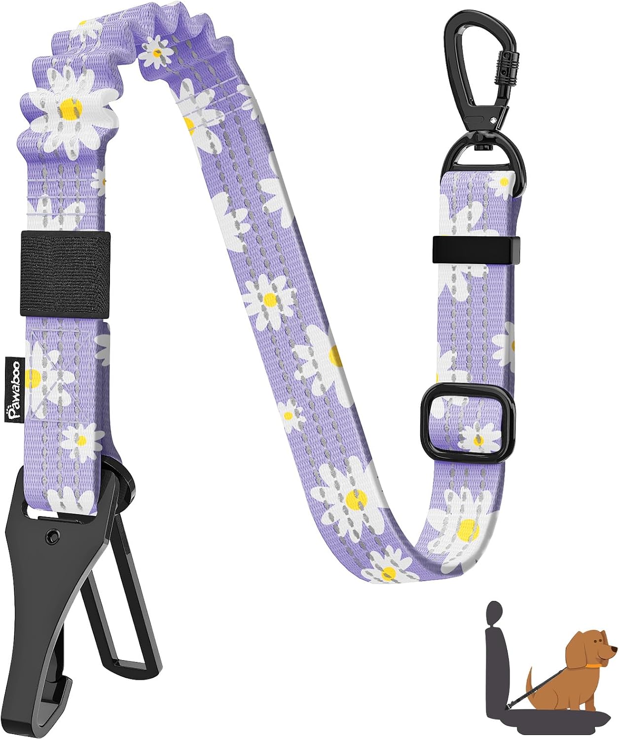 Pawaboo Dog Seatbelt for Car, Dog Seat Belt Bungee, Shockproof Dogs Tether for Car with Buckle & Hook Latch, Adjustable Reflective Dogs Cars Harness Leash with 360° Lockable Buckle, Light Purple