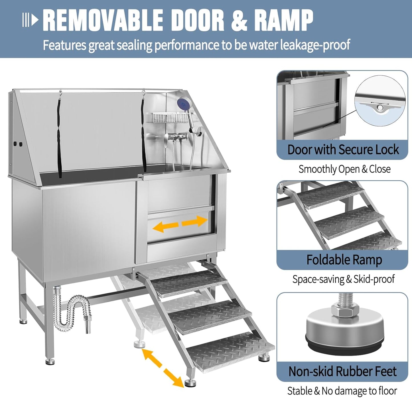 50" Dog Washing Station, Professional Stainless Steel Dog Bathing Station, Equipped/W Three Anti-Slip Steps, Removable Door, Upgraded Spray Nozzle&Hose - for Home, Pet Grooming Salon (50" Right ramp)
