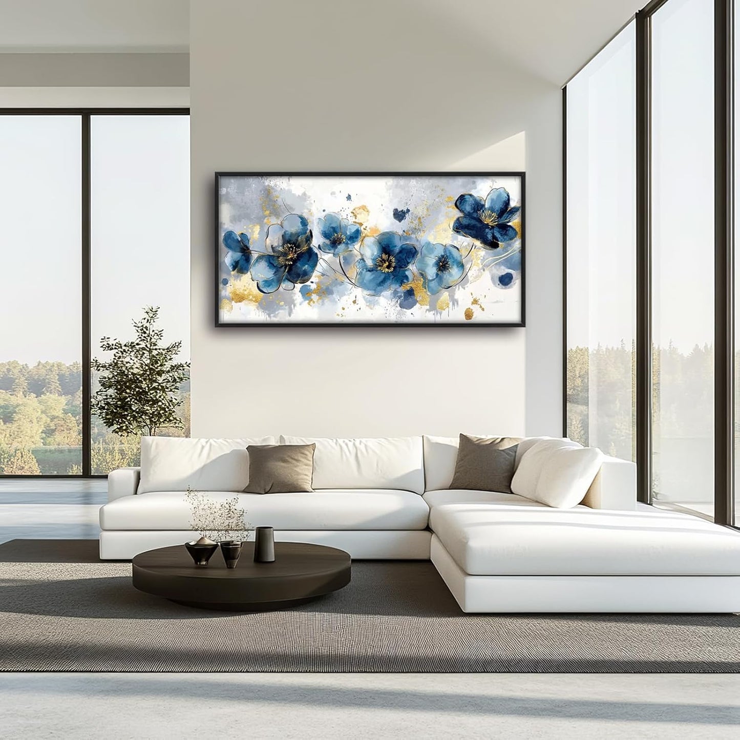 Extra Large Framed Abstract Blue Flower Wall Art,Oversized Golden Grey Floral Wall Decor Pictures for Living Room,Canvas Print Painting Modern Artwork Bedroom Office Bathroom Home Decor 60L" x 30W"