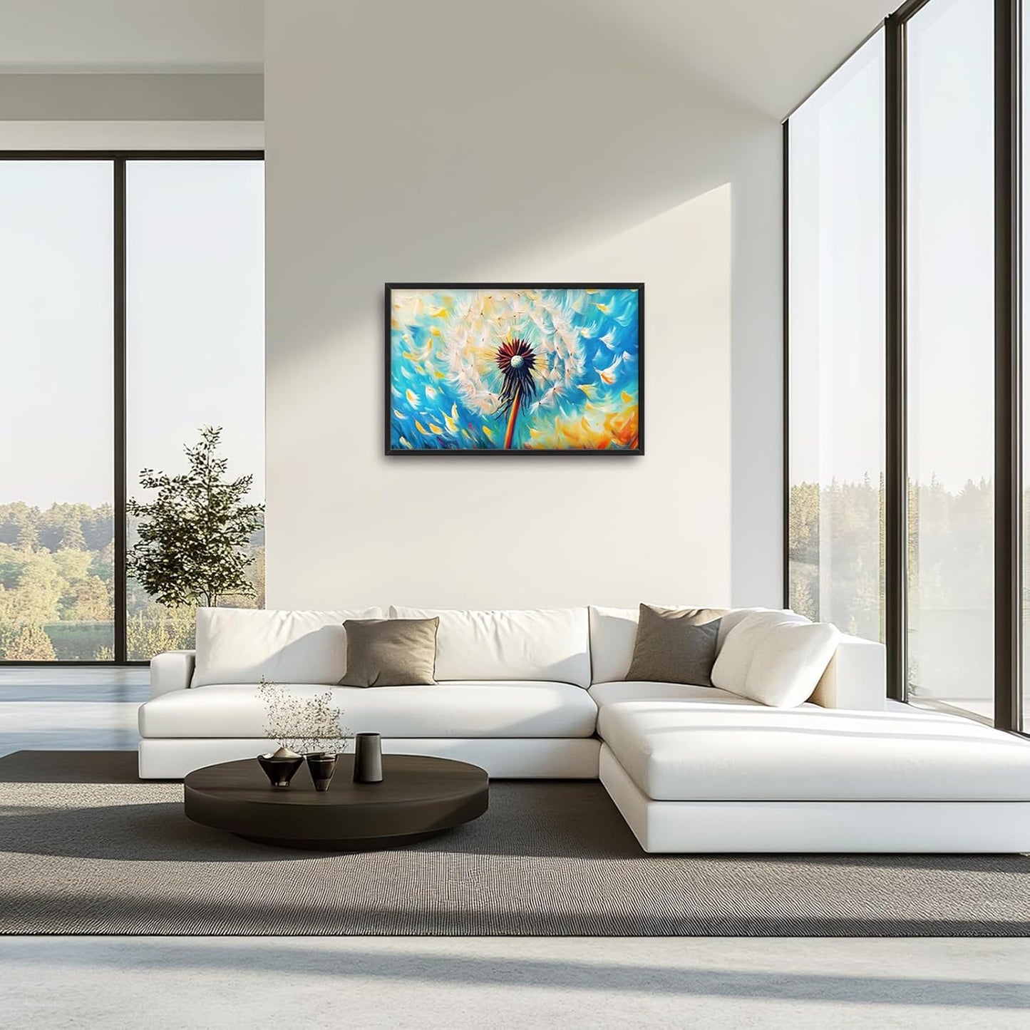Extra Large Abstract Dandelion Framed Wall Art for Living Room,Oversized Colorful Dandelion Flower Pictures Wall Decor,Blue Canvas Print Painting Modern Artwork Bedroom Office Bathroom 36L" x 24W"