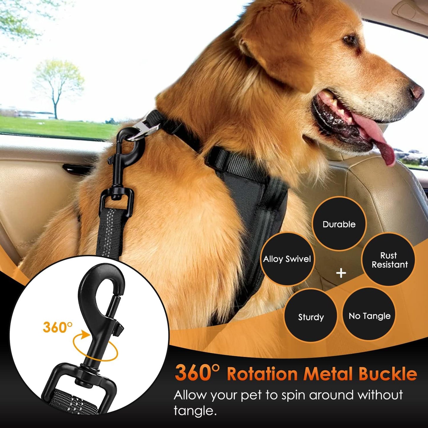 SlowTon Dog Seat Belt, Adjustable Dog Safety Belt Leash, 2 in 1 Latch Bar Attachment Dogs Car Seatbelt with Elastic Nylon Bungee Buffer, Reflective Nylon Belt Tether Connect to Dog Harness(B,35.5in)
