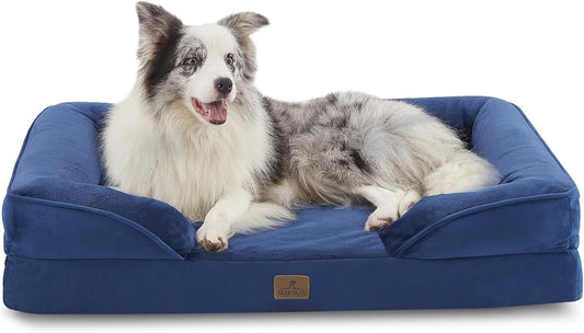 Bedfolks Orthopedic Dog Bed, Big Waterproof Dog Sofa Bed for Large Dogs, Egg Foam Pet Couch Bed with Removable Washable Cover and Nonslip Bottom, Navy Blue