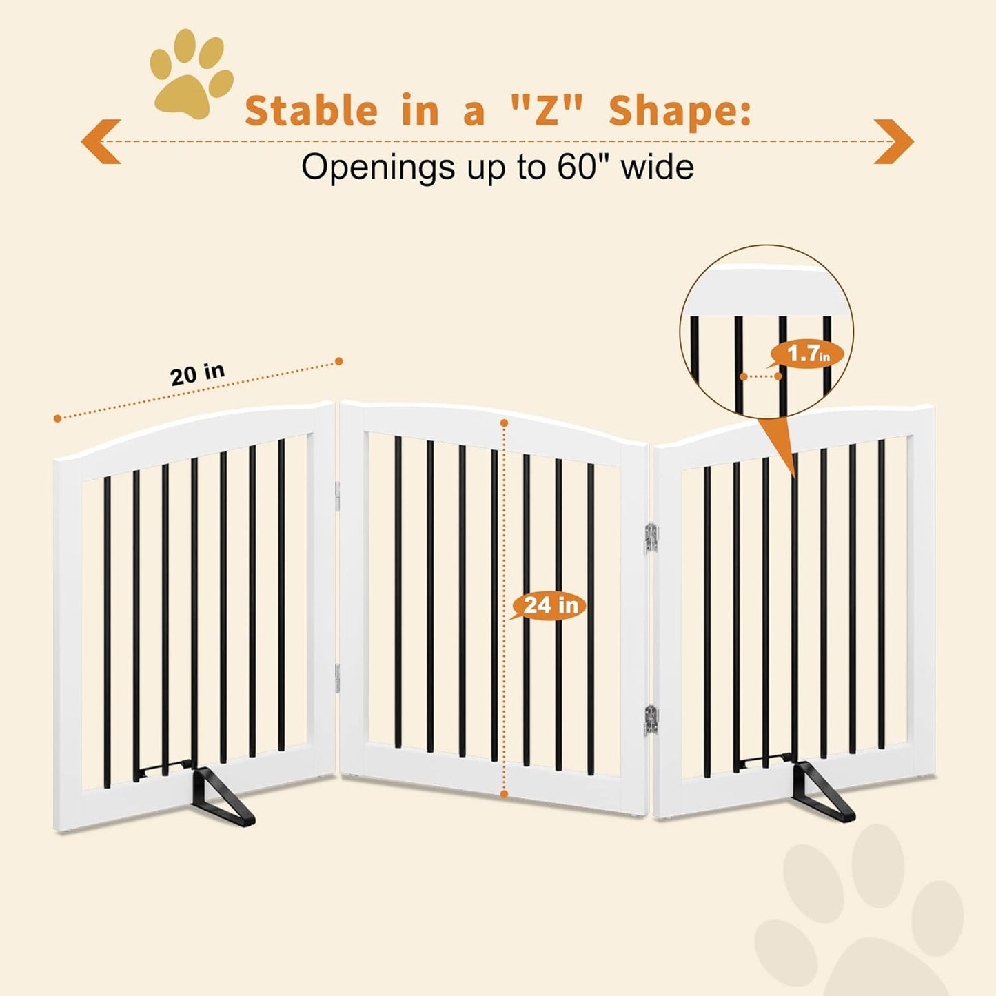 Freestanding Wooden Pet Gate for House, Foldable Indoor Dog Gate for Doorways, Stairs - 24" Height, 3 Panels, White