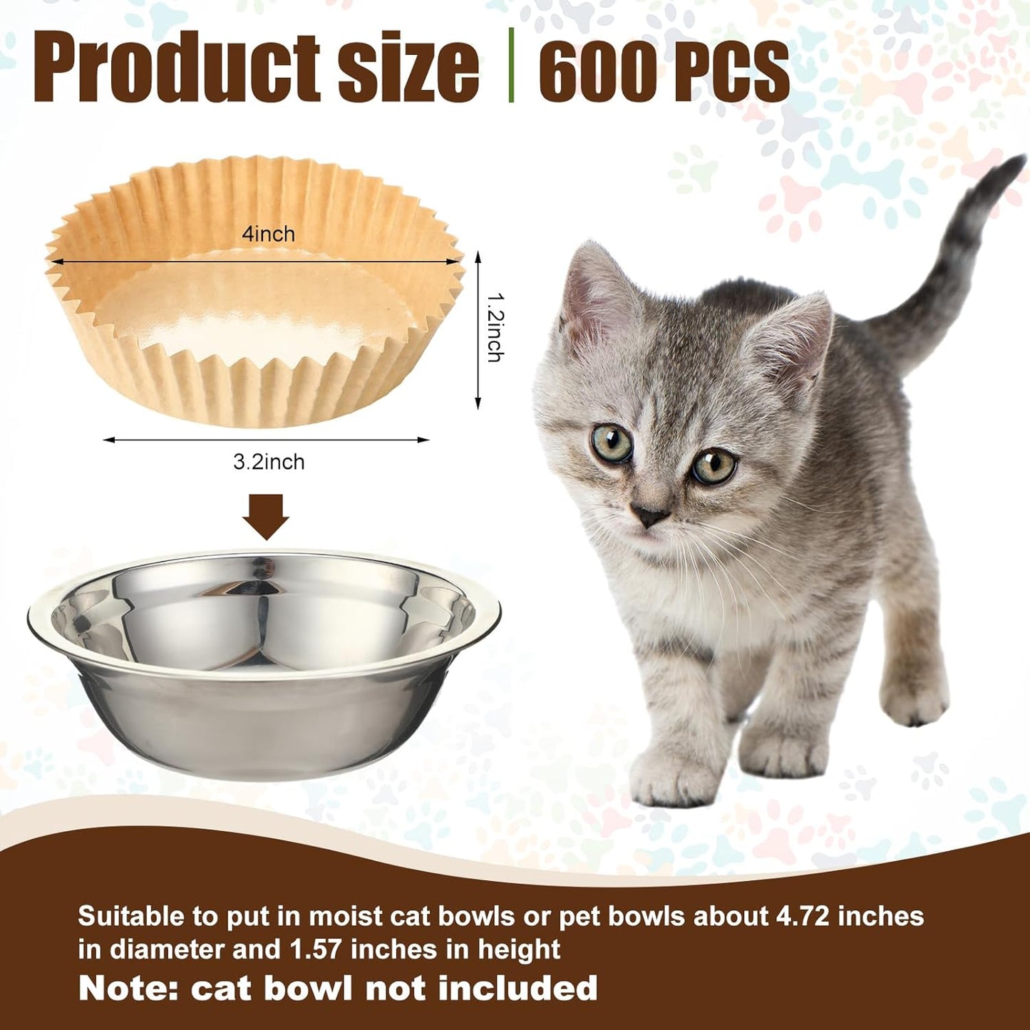 meekoo 600 Pcs Large Pet Disposable Feeding Bowls Liner Bulk Cat Food Bowls Small Paper Dish Paper Liner for Small Dogs Cats Dish Wet Food Feeding Station(Kraft Brown,Classic)