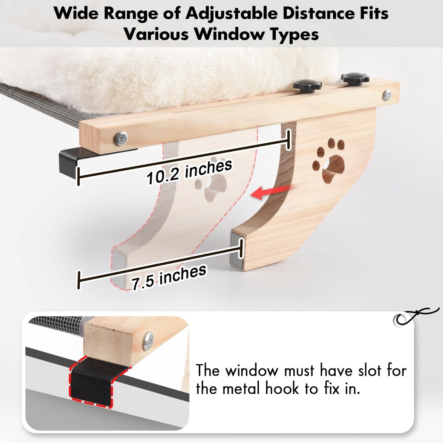 AMOSIJOY Cat Sill Window Perch Sturdy Hammock Window Seat with Cushion Bed Cover, Wood & Metal Frame for Large Cats, Easy to Adjust Cat Bed for Windowsill, Bedside, Drawer and Cabinet (M)