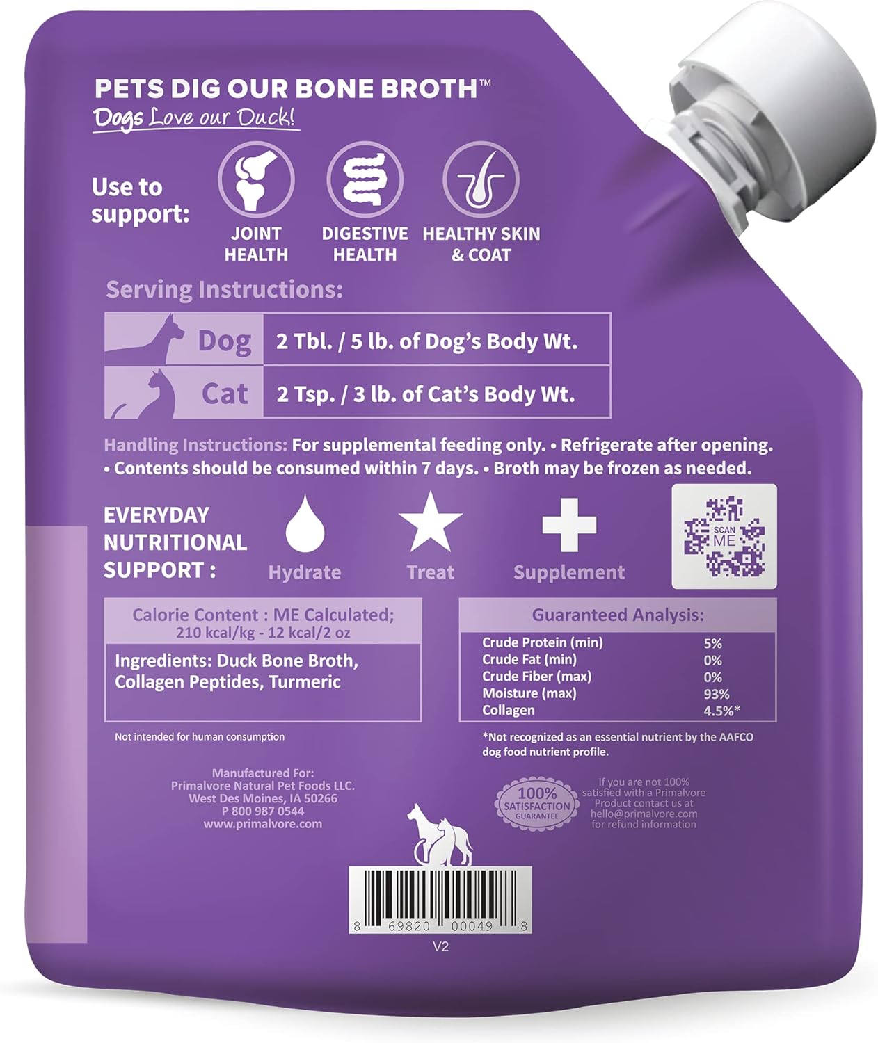 Primalvore All-Natural Duck Bone Broth for Dogs &Cats, Mobility Formula w/Collagen Peptides Supports Hip & Joints, Digestion, Skin&Coat and Hydration, Grain Free, Human Grade, Made in USA. Duck 2 Pack