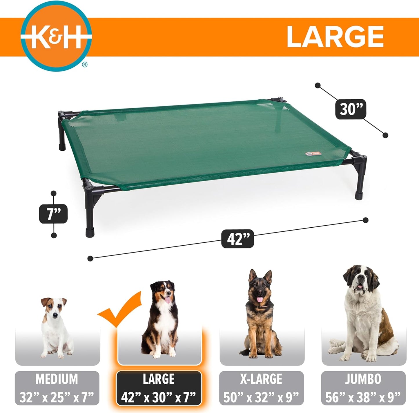 K&H Pet Products Cooling Elevated Dog Bed, Outdoor Raised Cot with Waterproof Breathable Mesh for Large Dogs, Portable Place Bed with Heavy-Duty Metal Frame, Big Hammock Style - Large Green