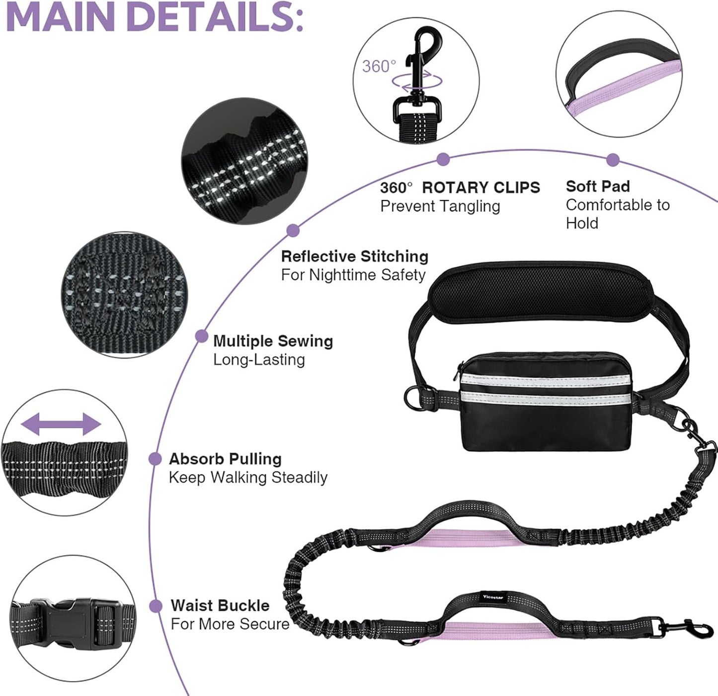 Hands Free Dog Leash, Shcok Abosoring Bungee with Double Padded Handles, Waist Leash for Dog Walking, Dog Leash with Bungee for Medium & Large Dog, Dog Walking Accessories, Black Purple