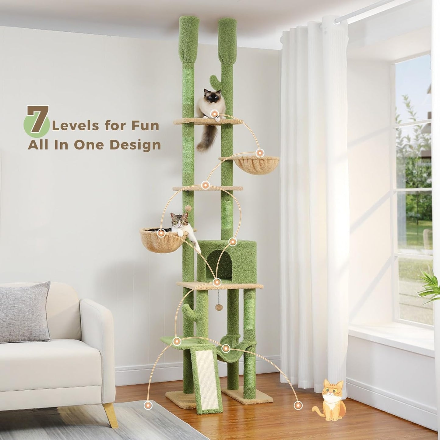 PAWZ Road Cactus Cat Tree Floor to Ceiling Cat Tower with Adjustable Height(85-112 Inches), 7 Tiers Climbing Activity Center with Cozy Hammocks, 5 Platforms and Scratching Posts for Indoor Cats