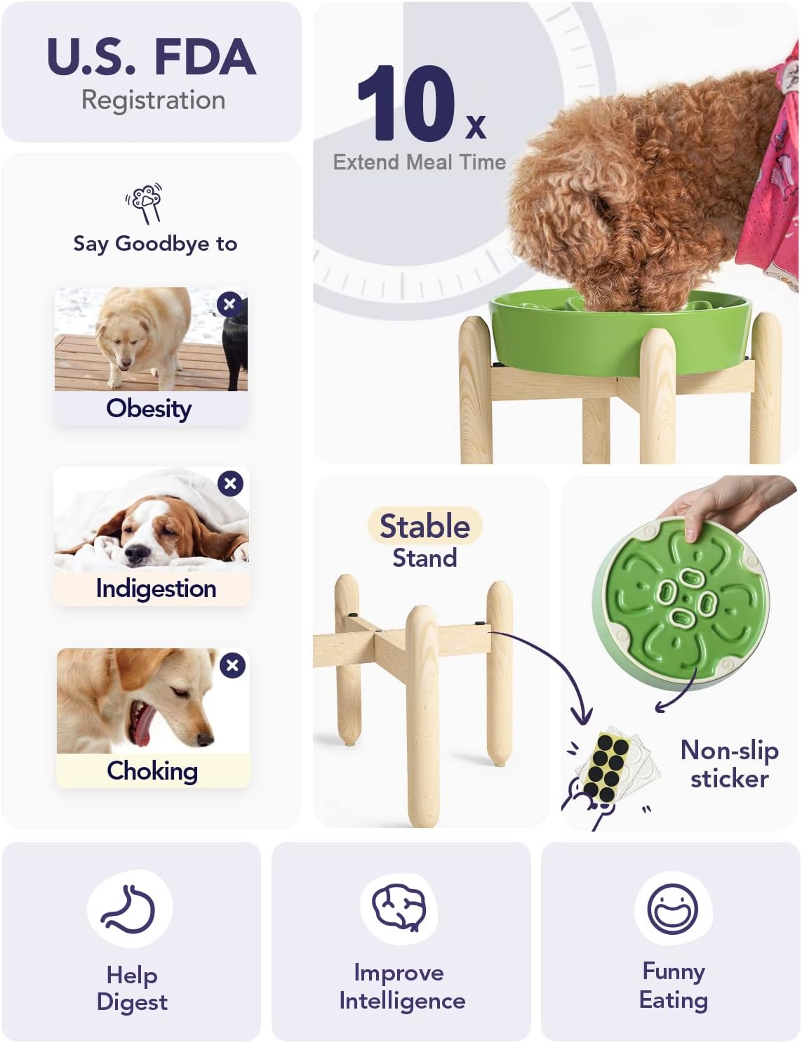 LE TAUCI Ceramic Slow Feeder Dog Bowls Elevated, 3 Cup Raised Bowl with Wooden Stand for Medium Large Breed, Slow Down Eating, Puzzle Dog Food Bowl, Clover Green