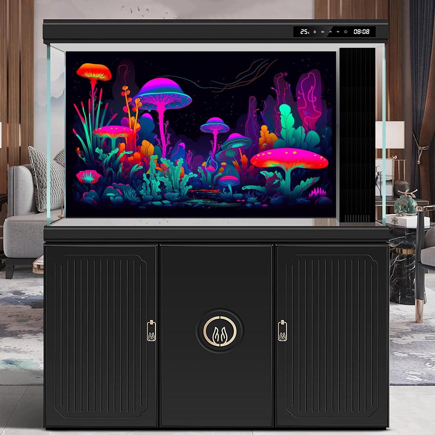 Mushrooms Aquarium Background Mushrooms in Dark Forest with Bright Colors Terrarium Background Tranquil Lake Cartoon Style Aquatic Plants Fish Tank Backdrop Poster Decorations Wallpaper Decor 48x20in