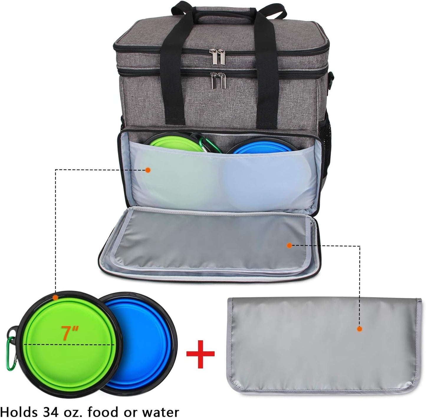 Teamoy Double Layer Dog Travel Bag, Dog Bag for Supplies with 2 Silicone Collapsible Bowls, 2 Food Carriers, 1 Water-Resistant Placemat, Pet Supplies Weekend Tote Organizer (Large, Gray)