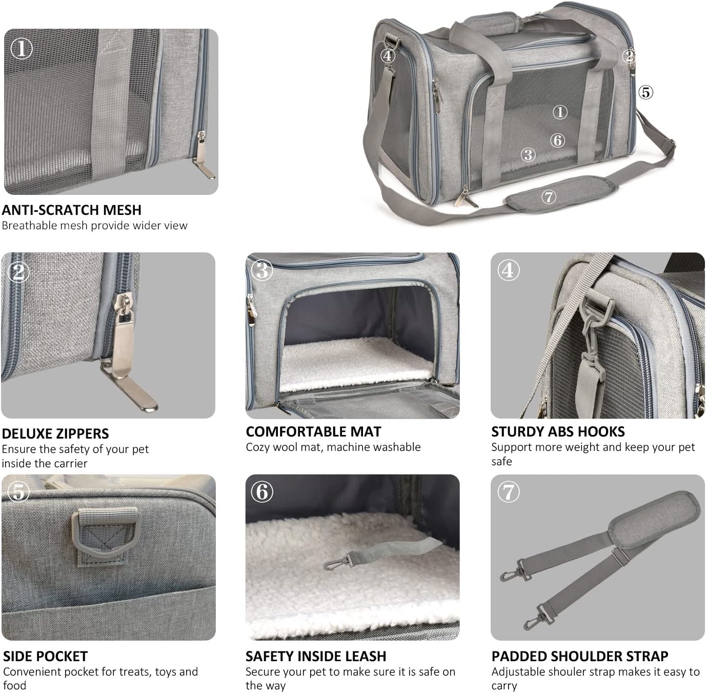 Cat Carriers Dog Carrier Pet Carrier For Small / Medium Cats Dogs Puppies (Up To 15lbs), TSA Airline Approved Small Dog Carrier Soft Sided, Collapsible Waterproof Travel Puppy Carrier - Grey