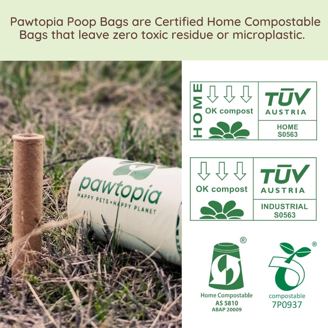 Certified Home Compostable Dog Poop Bags (60) + Pink Poop Bag Carrier, Biodegradable Poop Bags, Cat Litter, Vegetable Starches, Leakproof Dog Waste Bags, Easy to Open