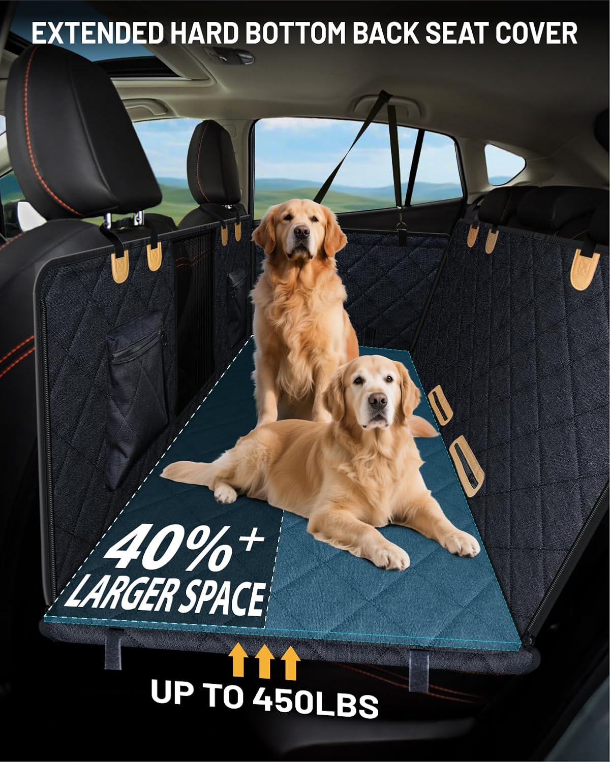 Back Seat Extender for Dog, Waterproof Dog Car Seat Cover for Back Seat, Hard Bottom Car Seat Cover, Large-Space Hammock for Car Truck SUV, Pet Seat Cover Holds 450lbs(Black)
