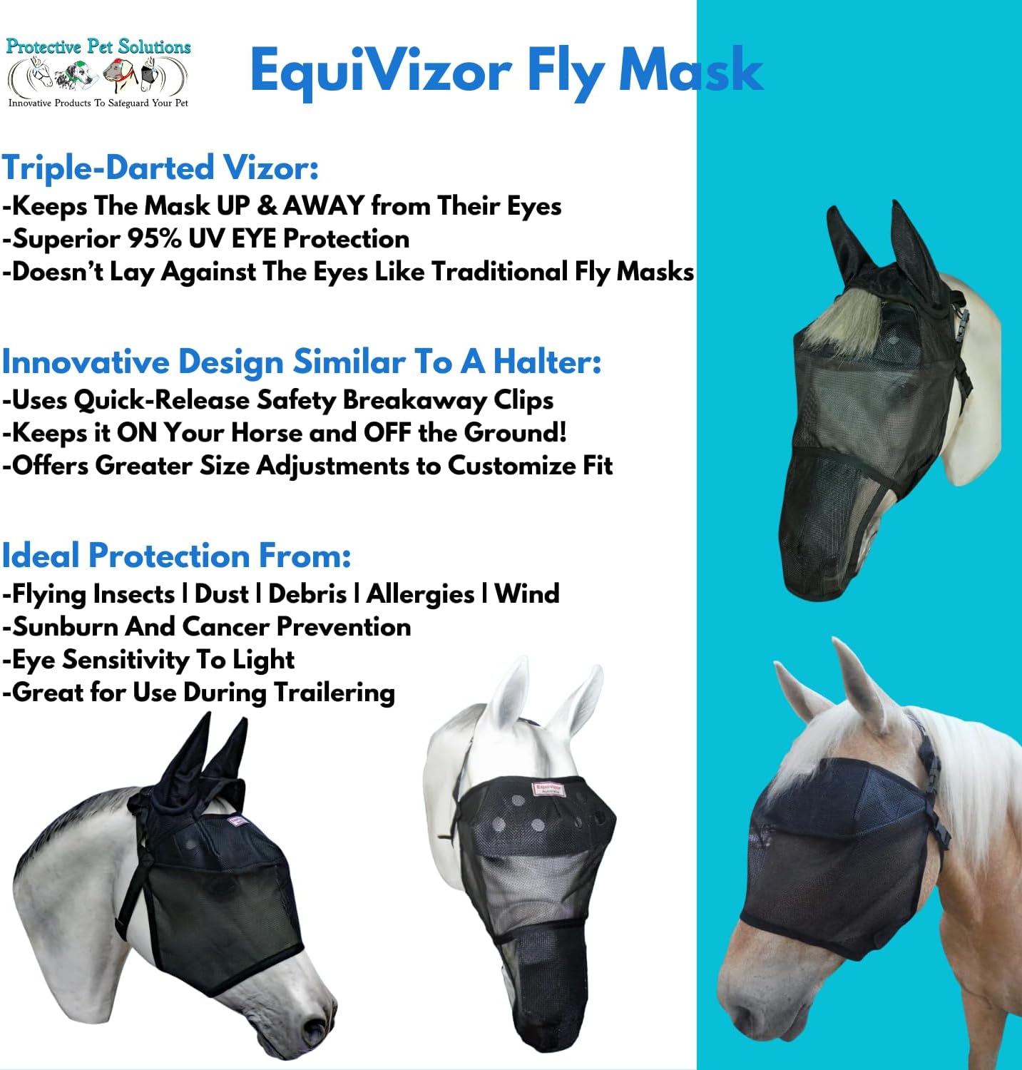 EquiVizor 95% UV Eye Protection (Mini) Standard Horse Fly Mask - Help with Uveitis, Corneal Ulcer, Light Sensitivity. Designed to Stay On Your Horse, Off The Ground.