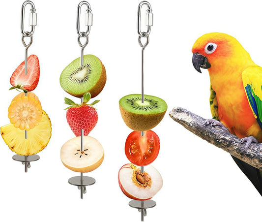 3 Pcs Bird Cage Food Holder Stainless Steel Parrot Fruit & Vegetable Skewer Hanging Foraging Toy for Parakeets, Budgies, Macaws