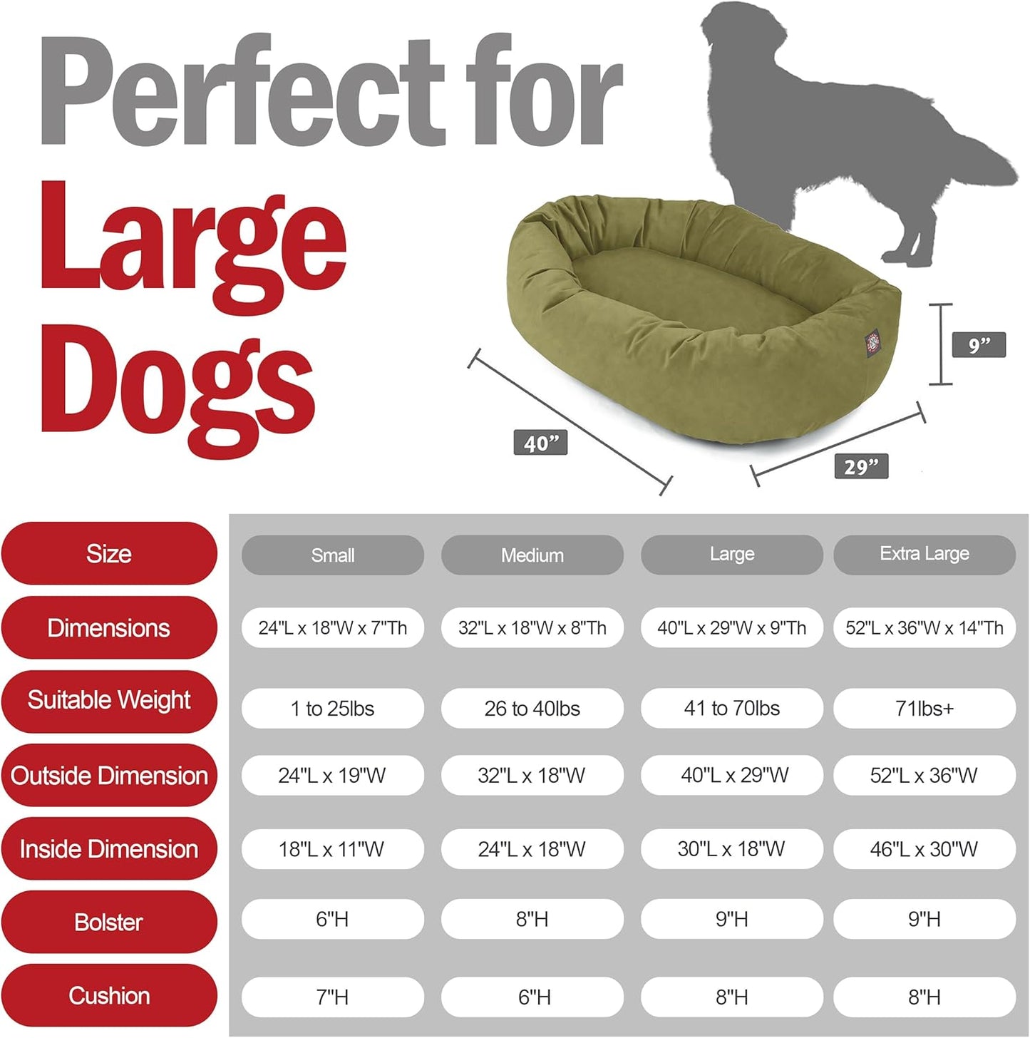 Majestic Pet 40 Inch Suede Shredded Memory Foam Mix Calming Large Dog Bed Washable 40 x 29 x 9 (Inch) - Cozy Soft Round Donut Dog Bed with Spine for Head Support - Pet Bed Sage