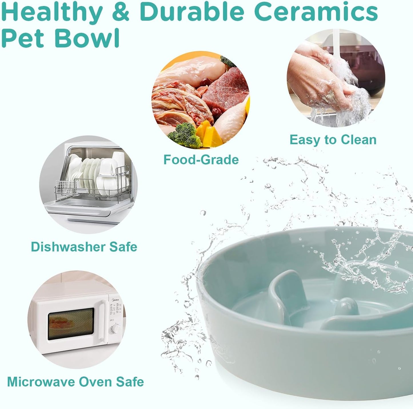 SPUNKYJUNKY Ceramic Elevated Dog Bowls with Slow Feeder Raised with Acacia Bamboo Wooden Stand, 6.1'' Dog and Cat Food Water Bowls Set Non-Slip for Small Medium Sized Breed - Light Green