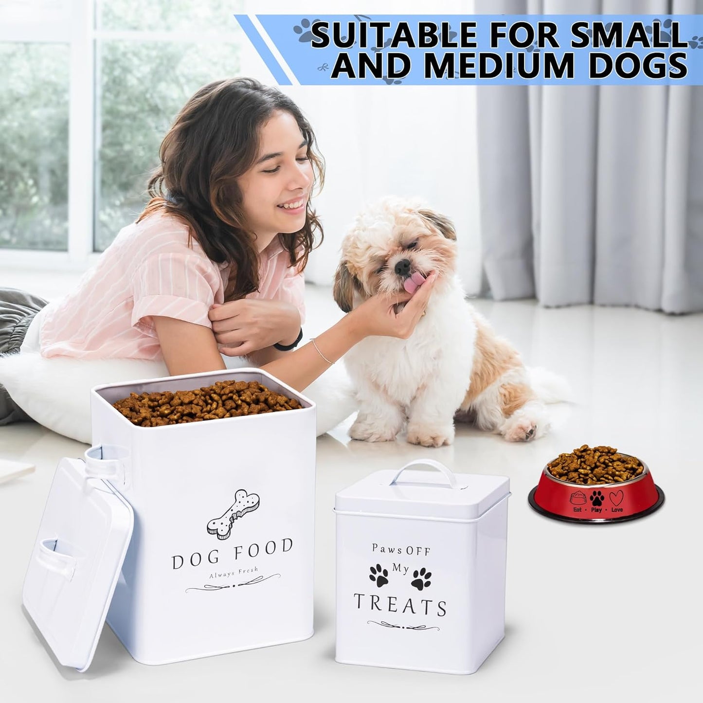 Meraki Home Small Dog Food Container and Dog Treats Container - Tight Lids - Feed Scoop and Pet Food Bowl - Farmhouse Metal Storage Bin - Glossy White