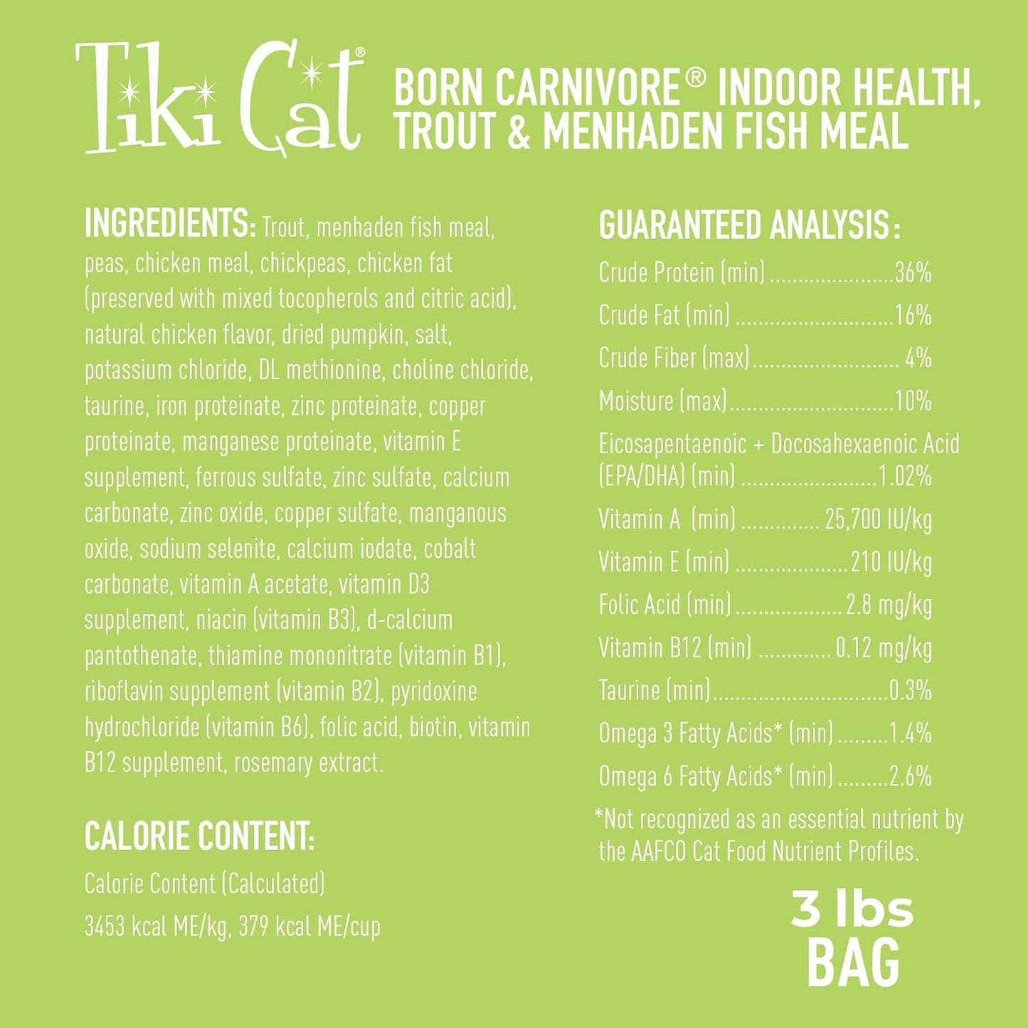 Tiki Cat Born Carnivore Indoor Health Dry Cat Food, Trout & Menhaden Fish Meal, 3 lbs. Bag