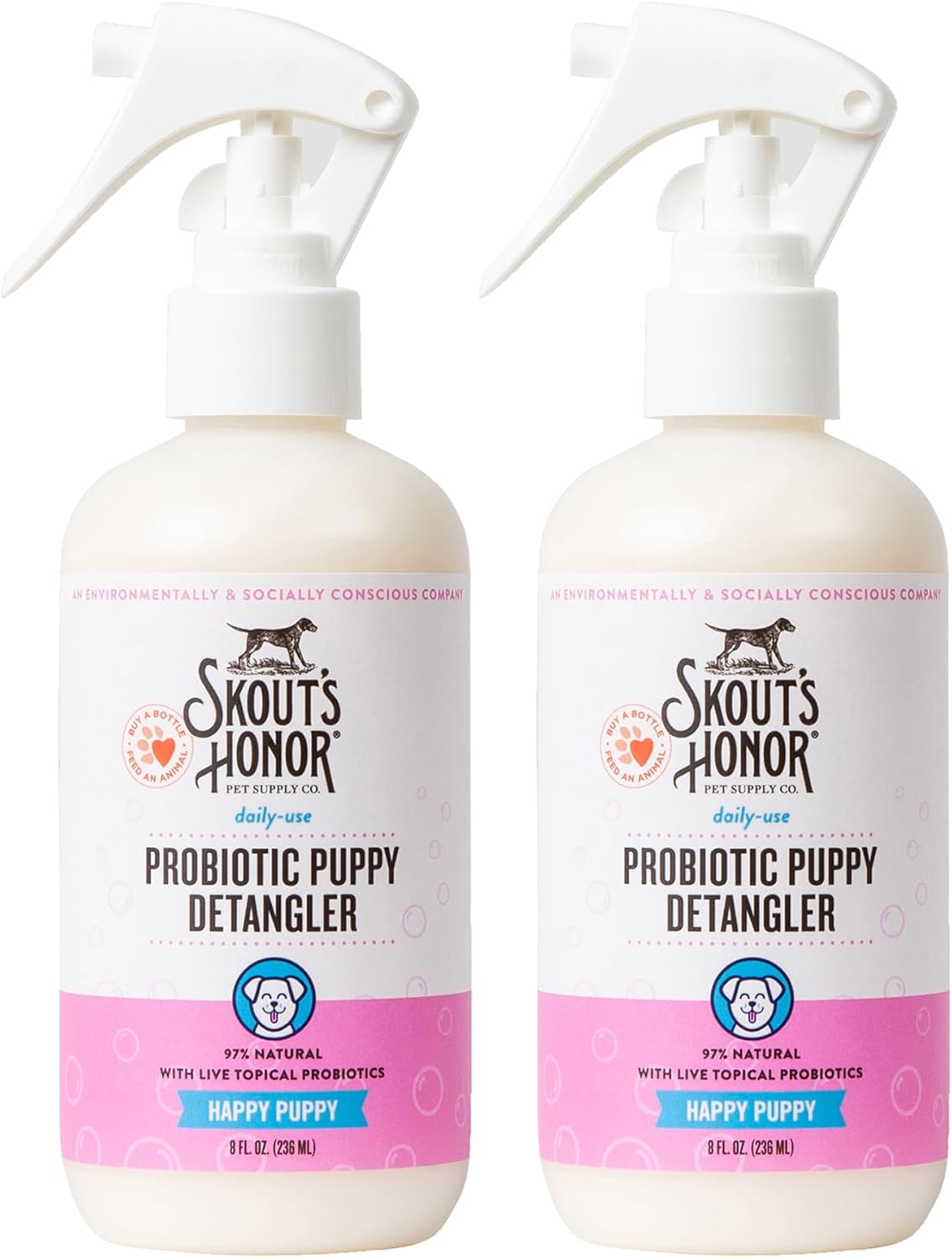 Skout's Honor Pet Detangler Spray - Hydrating & Conditioning with Avocado Oil & Probiotics, 97% Natural, Paraben & Sulfate-Free, softens for a More brushable Coat, Daily Use, 8oz, Happy Puppy, 2-Pack