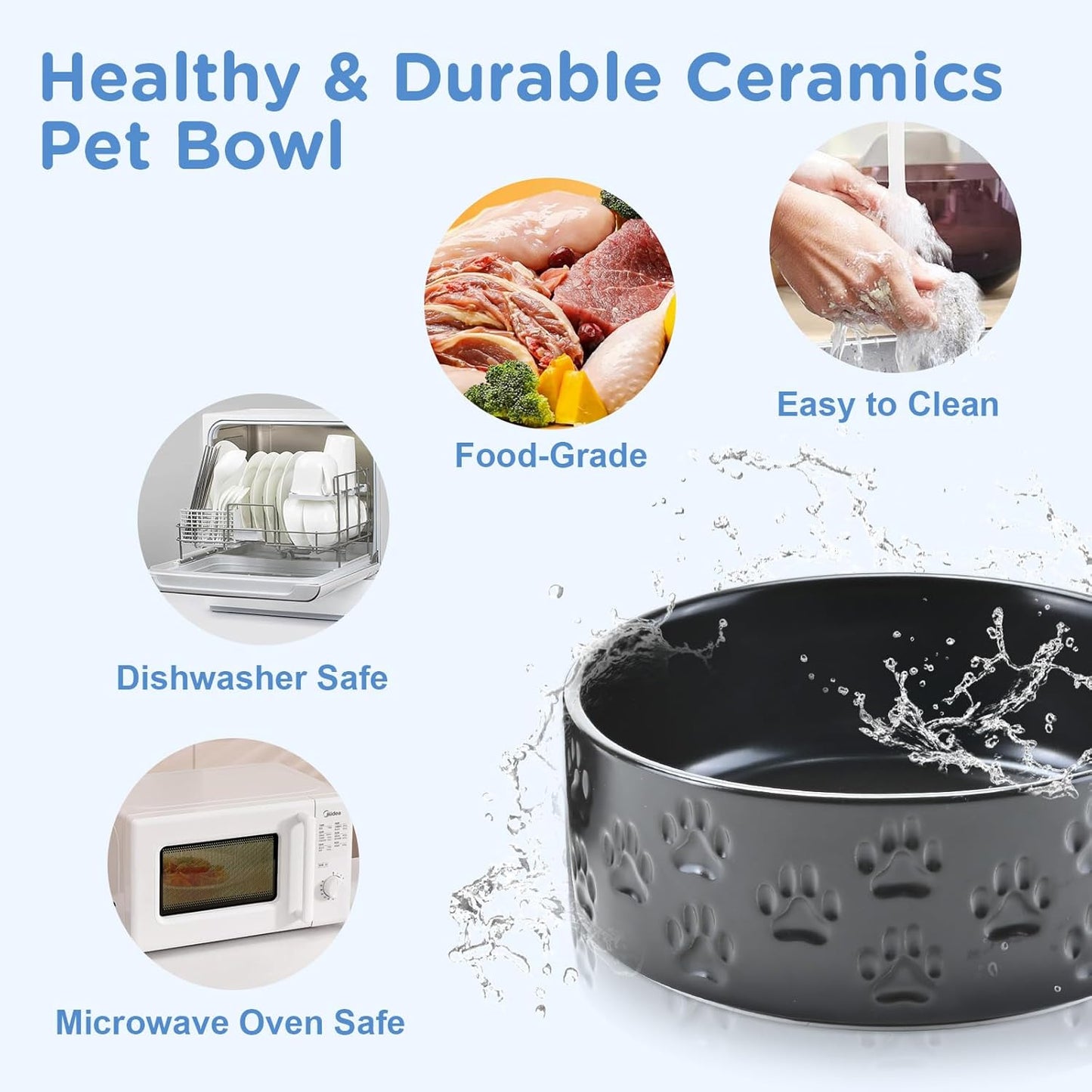 SPUNKYJUNKY Elevated Dog Bowls Ceramic, 8.3'' Dogs Food Water Bowls Raised with Non-Slip Bamboo Stand for Large Sized Breed Microwave Dishwasher Safe - 60 OZ,Paw Black