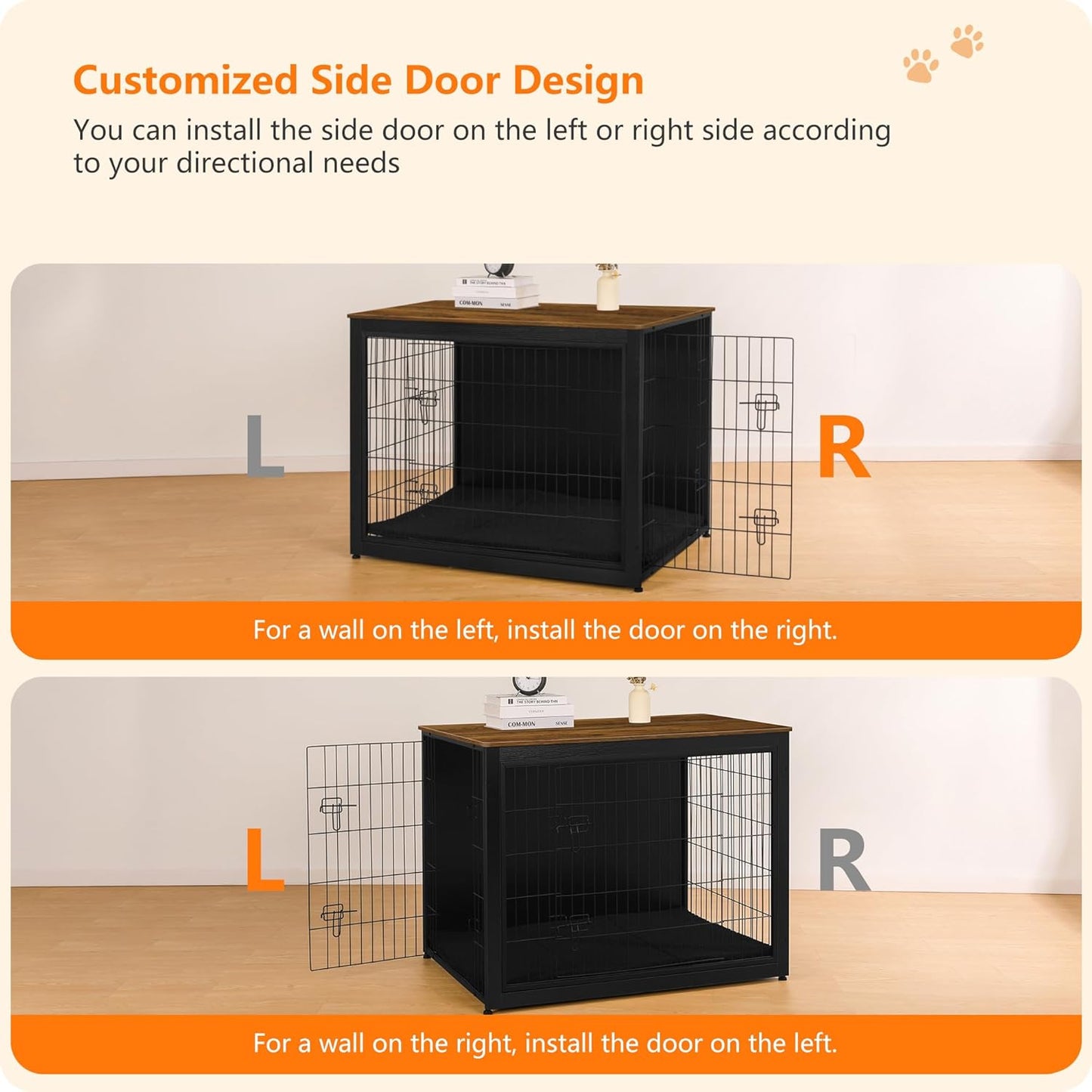 DWANTON Dog Crate Furniture with Cushion, Wooden Kennel Table with Double Doors, Indoor Dog House, Extra Large Size, 43.3" L, Black+Warm Brown