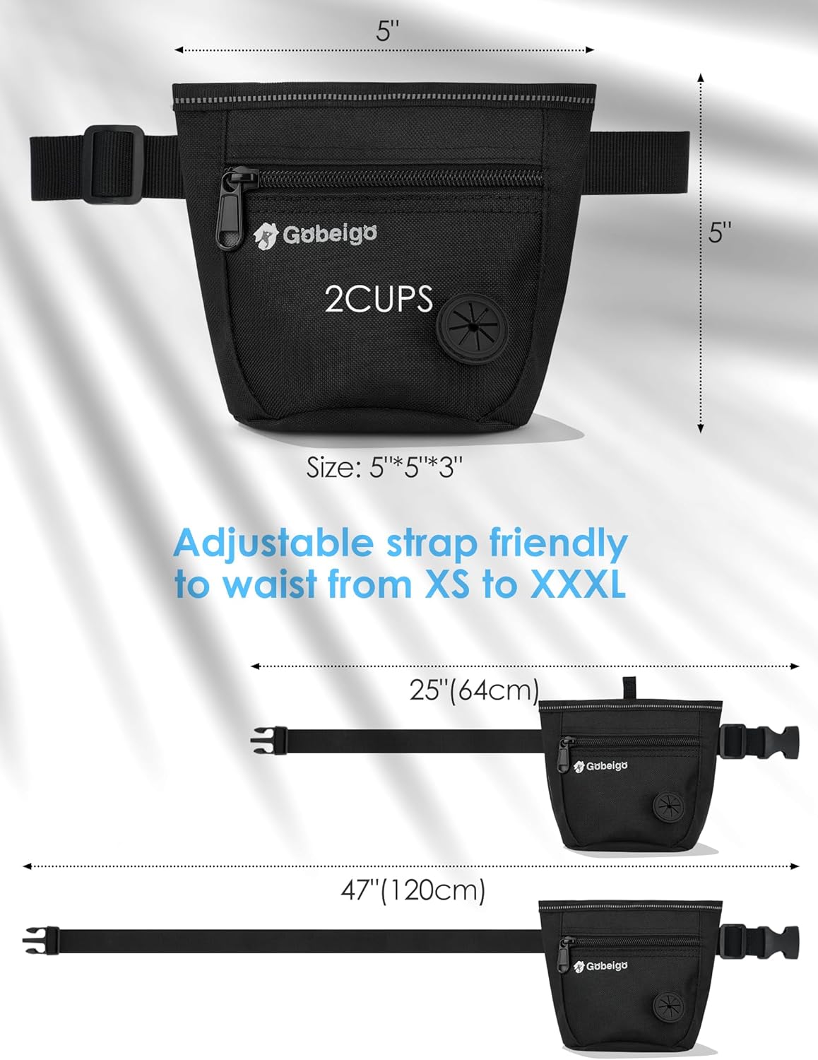 Gobeigo Dog Treat Pouch and Training Clicker, Upgrade Two Magnetic Closure to Prevent Spills, 2 Cup Treat Bag with Poop Bag Dispenser, Metal Clip Waist Belt Fanny Pack for Pet Walk (Black)