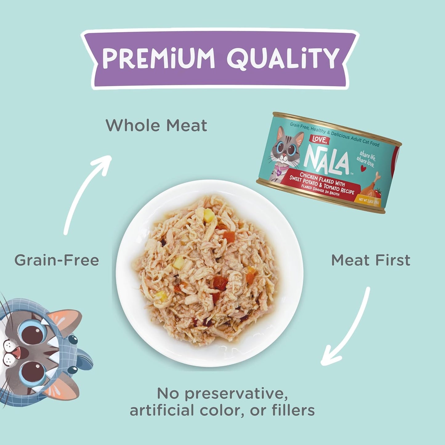 LOVE, NALA - Natural Adult Cat Wet Food - FLAKED Chicken, Sweet Potato, Tomato in Broth - Grain Free, Non-GMO, Digestive Fiber, Vitamins, Minerals - 12 Pack 2.4 lbs.