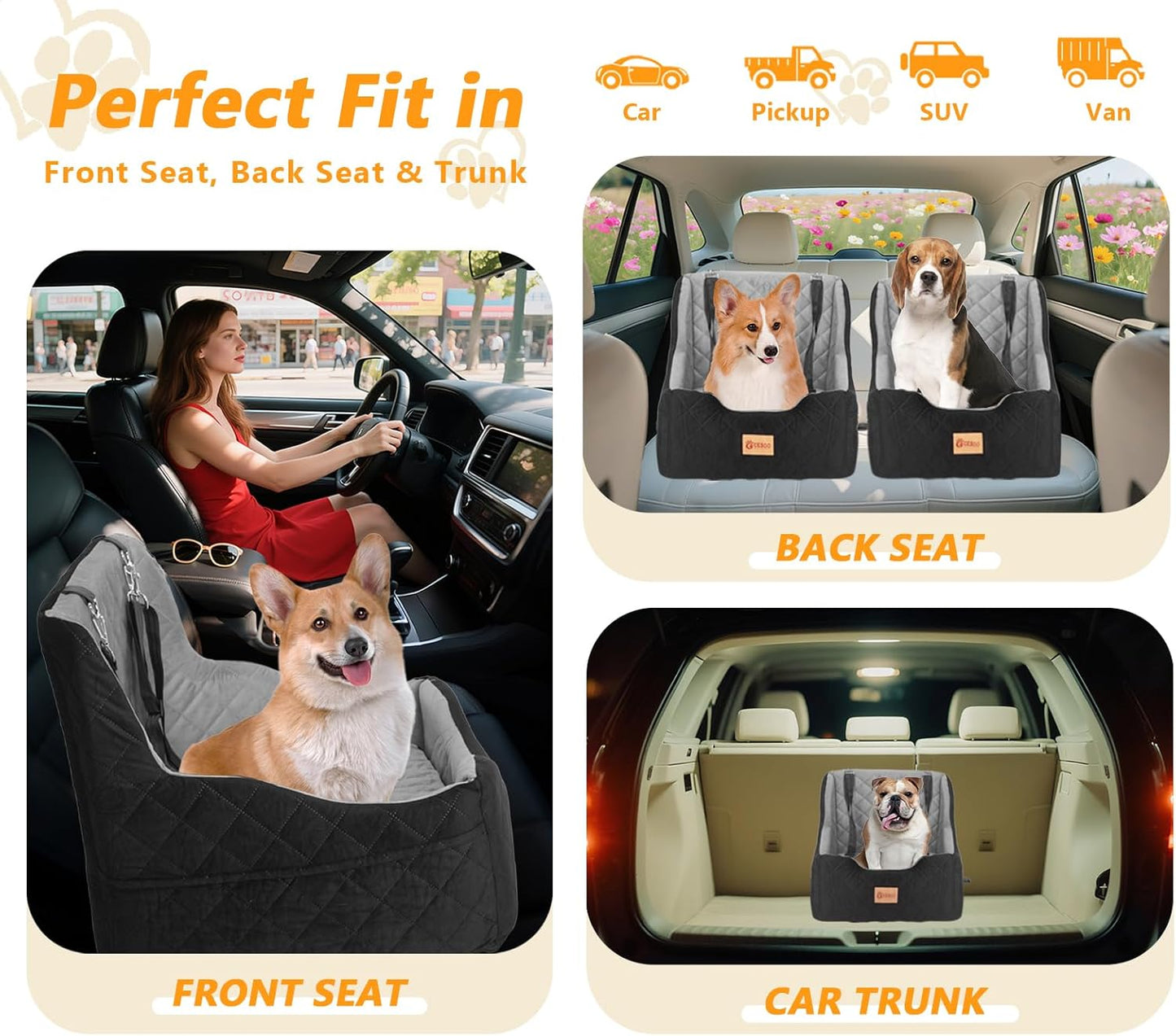 Dog Car Seat for Small/Medium Dogs Under 40lbs, Dog Booster Car Seats Memory Foam and Velvet, Detachable and Washable Pet Booster Carseats with Clip-On Satebelt and Storage Bag.(Black/Gray)
