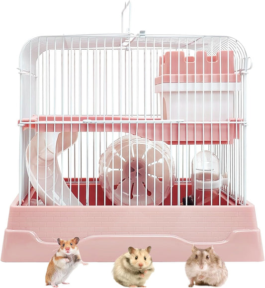 PINVNBY 2-Tier Dwarf Hamster Cage, Travel Portable Mouse Cage Gerbil Cages and Habitats Small Animal Carrier with Castle House Running Exercise Wheels, Water Bottle and Food Dis