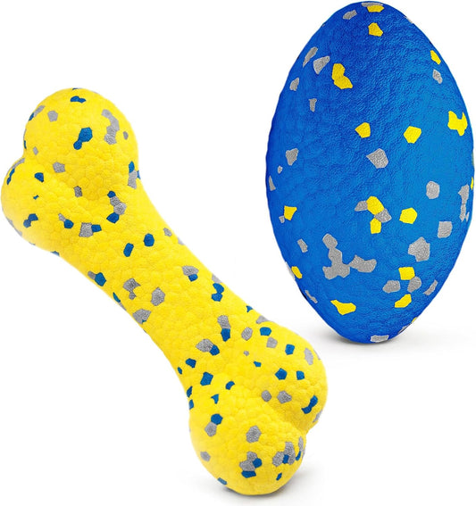 2Pcs Upgrade Bone Dog Balls+Rugby Dogs Toys for Aggressive Chewers, Indestructible Tennis Balls for Dogs (Blue+Yellow)