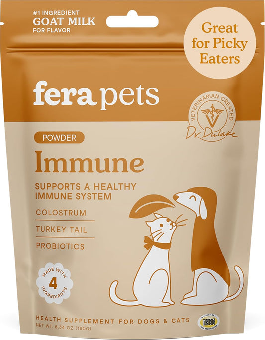 Fera Pets Immune Goat Milk for Dogs & Cats with Colostrum, Organic Turkey Tail Mushroom, & Probiotics - Improves Immune Response - for Picky Eaters - Powder - 60 TSP