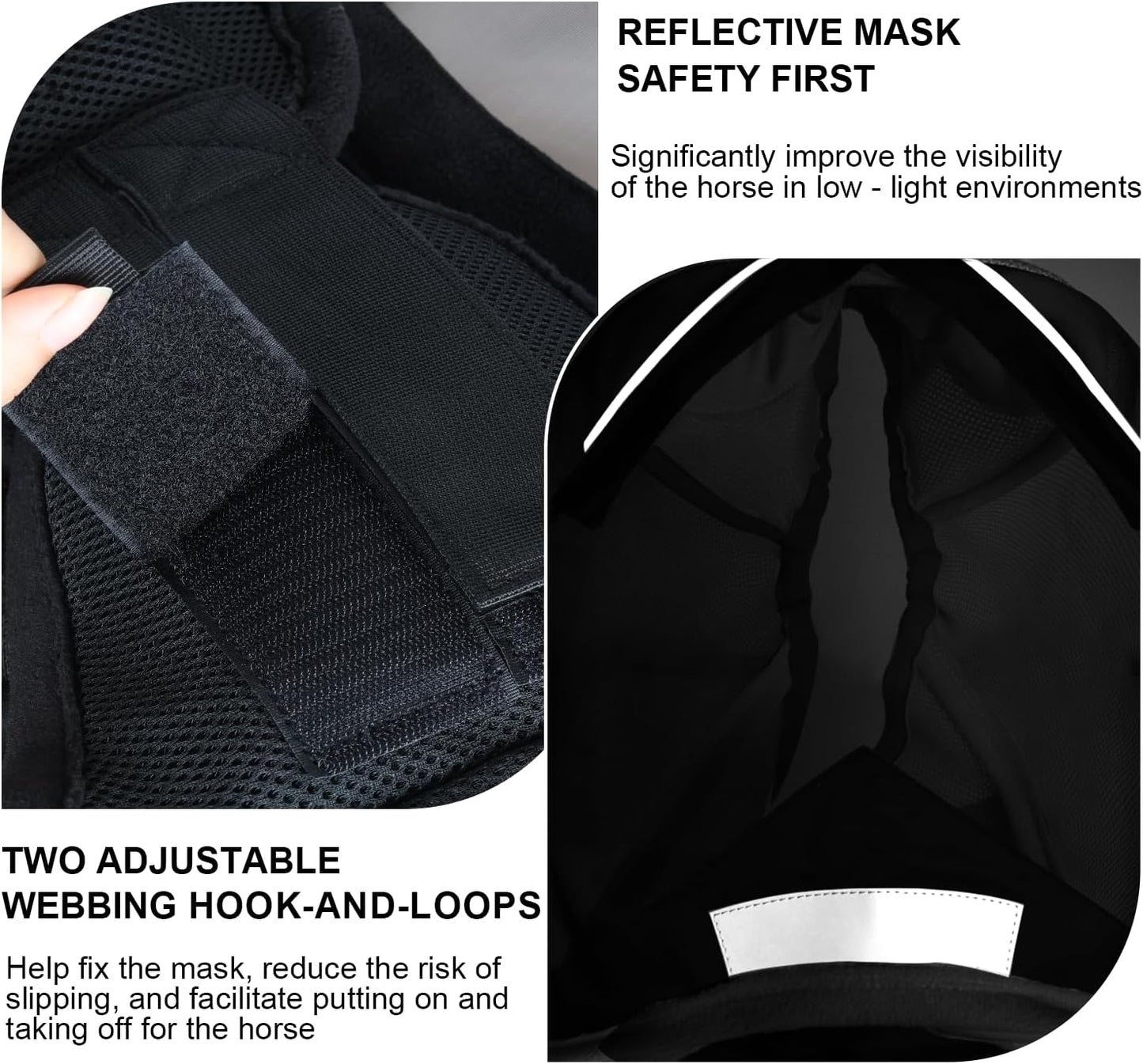 Luminous Horse Fly Mask with Long Nose, Ears, Full Face & Eye Protection - Full Mesh, Detachable Nose Cover, Fleece Padded Edging, Hook-and-Loop Straps with Webbing, Hanging Straps Black