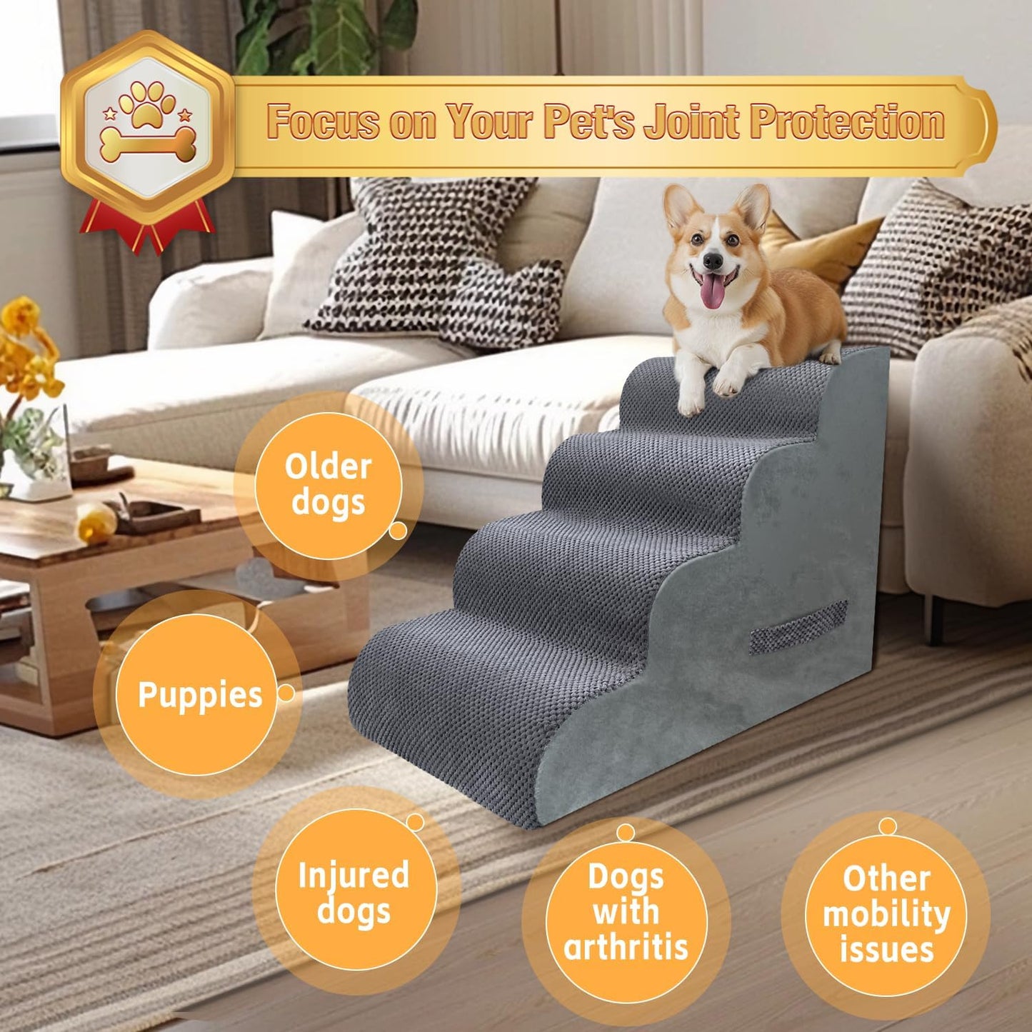 PAWSCART Dog Stairs for Small Dogs and Cats, 4-Step Dog Steps for Bed, 19.6" H Pet Stairs for High Bed, Pet Ramp for Couch, Sofa, Non-Slip Surface Removable Washable Cover, Grey