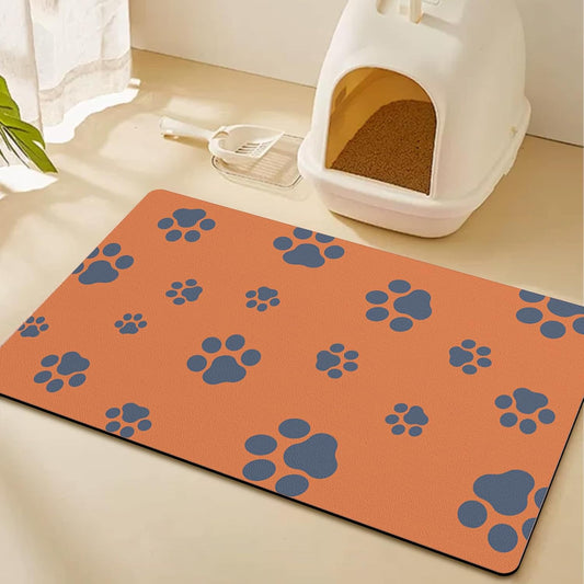 18"×30" Dog Food Mat-Absorbent Dog Mat for Food and Water, No Stains Quick Dry Cat Dog Food Bowl Mat Non Skid Dog Feeding Mat with Footprints for Messy Drinkers Orange