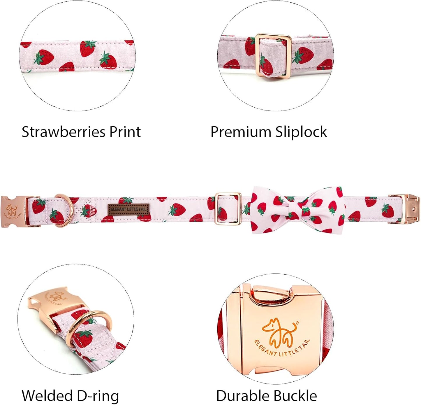 Elegant little tail Dog Collar, Strawberries Print Pet Collar Summer Dog Collar Durable Metal Buckle Dog Collars Cotton Pet Adjustable Dog Collars for Large Dogs