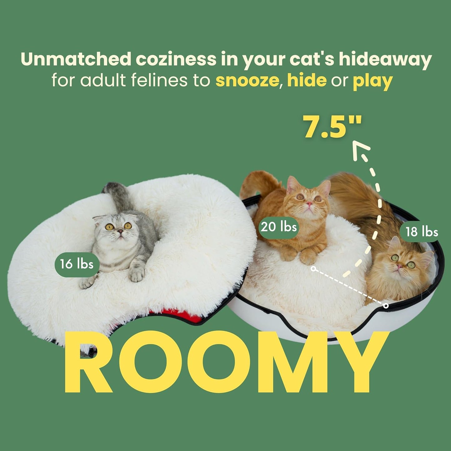 CATTASAURUS Peekaboo Cat Cave for Multiple & Large Cats Up to 30-45 Lbs, Fluffy Cat Beds & Furniture, Scratch Detachable & Washable Tunnel Bed, Comfy Donut Bed (Ruby Snowball, Large (Calming))