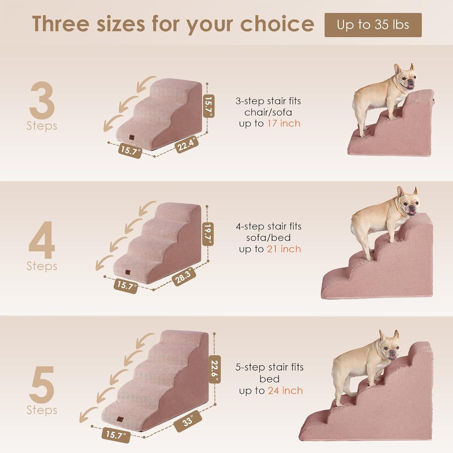 EHEYCIGA Curved Dog Stairs Ramp for Small Dogs 15.7" H, 3-Step Dog Steps for Couch Sofa and Chair, Pet Stairs for Cats, Non-Slip Balanced Pet Steps Indoor, Dusty Pink