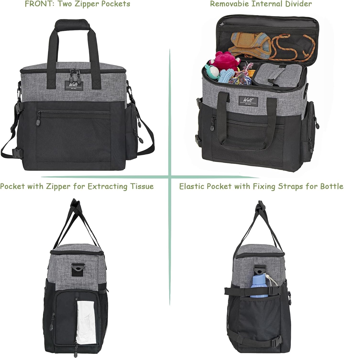 WOLT Dog Travel Bag Dog Bag for Traveling and Supplies with 2 Collapsible Bowls, 2 Food Containers, 1 Place Mat, Grey