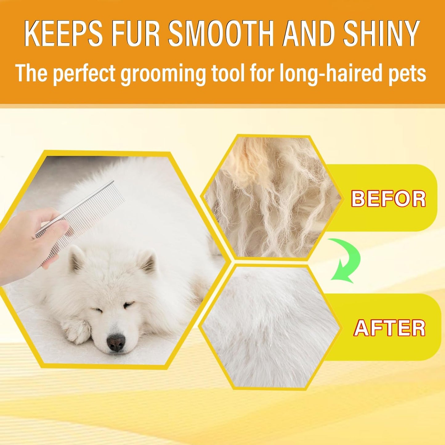 Dog Comb and Cat Combs Stainless Steel Teeth, Grooming Tool for Long & Short Hair, Dematting Comb for Dogs, Removes Tangles & Knots (Small and Large Silver)