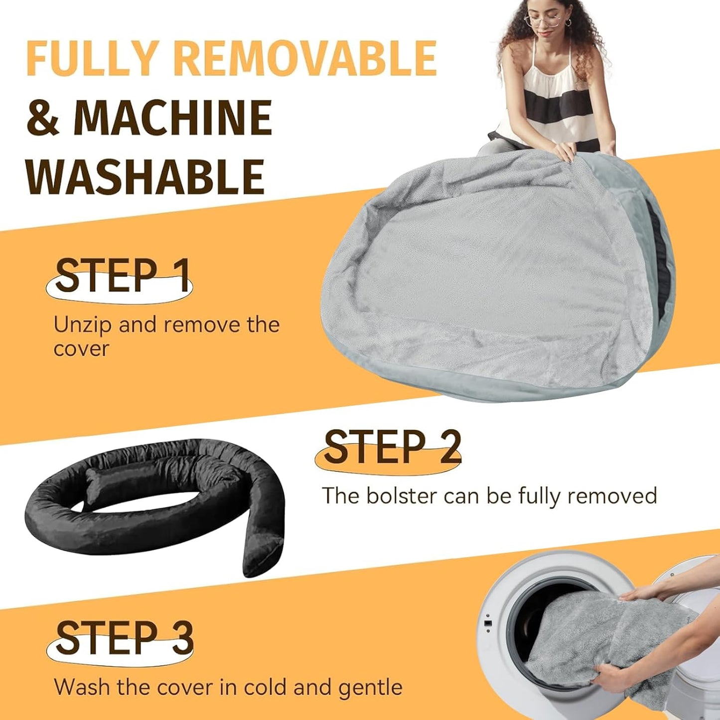 Orthopedic Waterproof Large Dog Bed: Memory Foam Washable Dog Bed with Bolsters - XXL Orthopedic Removable Cover for Medium Large Sized Pet - Non-Slip Bottom - Silver