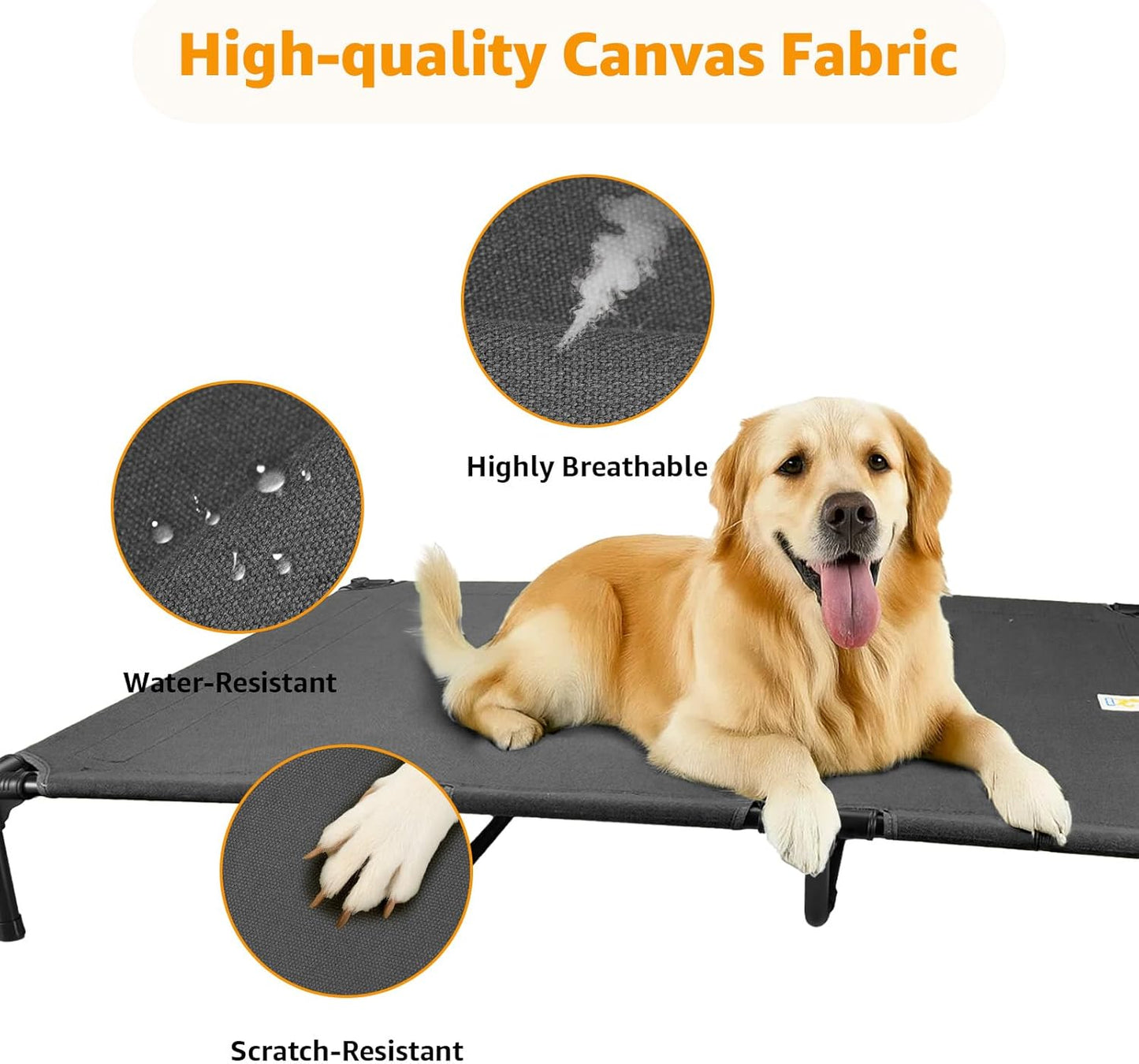 Canvas Elevated Dog Bed, Durable Chew Proof Outdoor Raised Pet Cot for Extra Large Dogs, Waterproof, Breathable, Portable, Washable, Easy Assembly, Sturdy Frame for Camping & Travel, Dark Grey