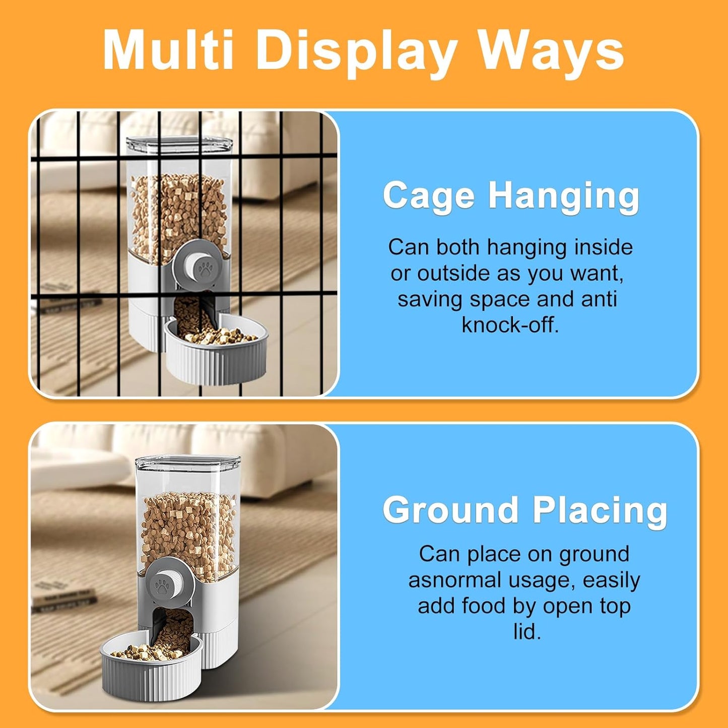 Auto Gravity Food Dispenser for Cage Hanging, 41OZ Capacity Hanging Automatic Pet Cage Feeder, Food Bowl for Cats Dogs Rabbit Ferret Chinchilla Bird Hedgehog Guinea Pig (Grey)