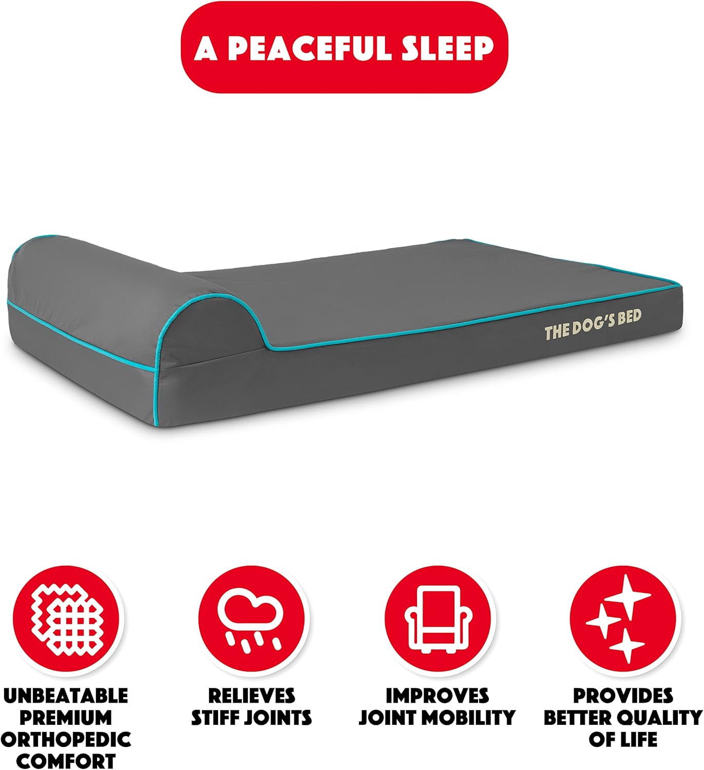 The Dog’s Bed Orthopedic Headrest Dog Bed Large Grey with Blue Trim, Memory Foam, Pain Relief for Arthritis, Hip & Elbow Dysplasia, Post Surgery, Veterinary Approved, Waterproof Washable Cover